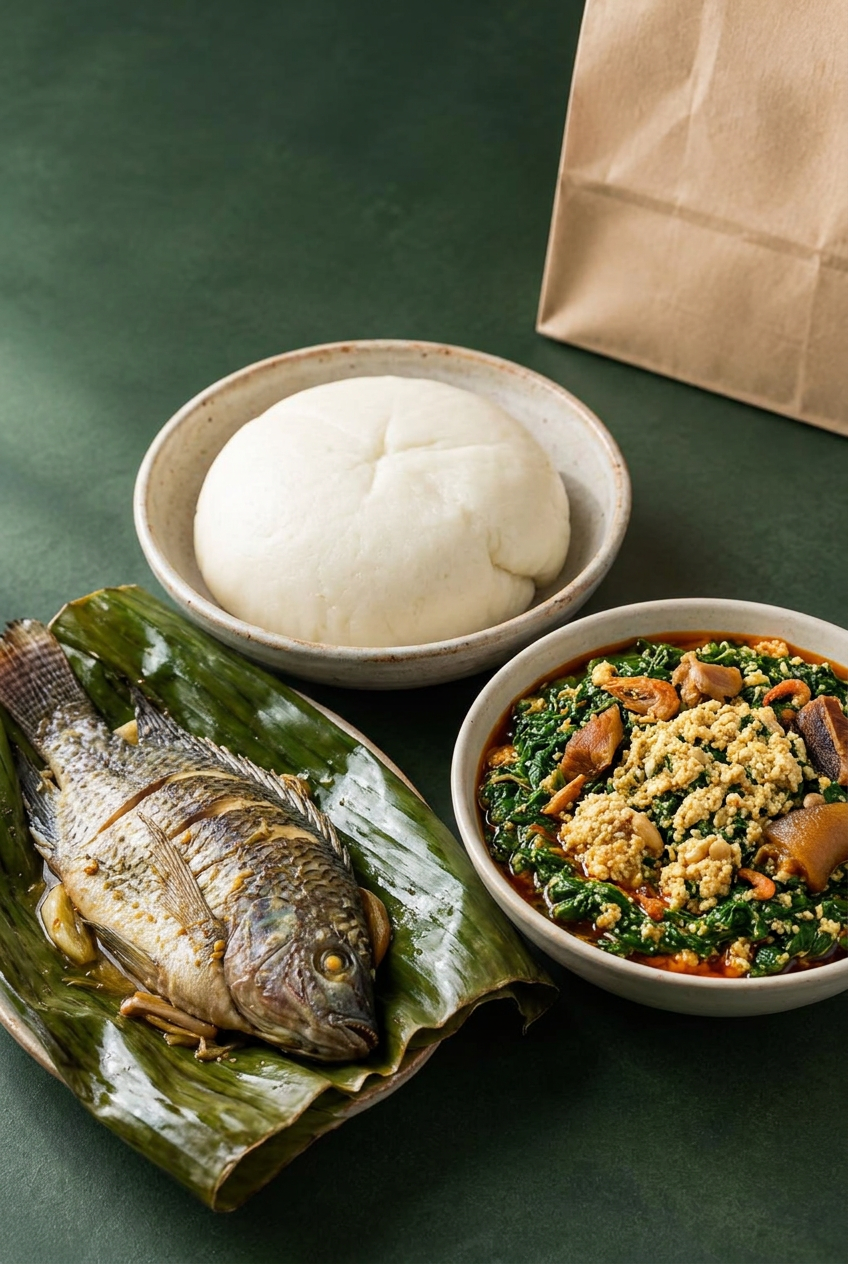Iyán, ọbẹ̀ ẹ̀fọ́ ẹlẹ́gùsì àti ẹja tútù nínú ewé